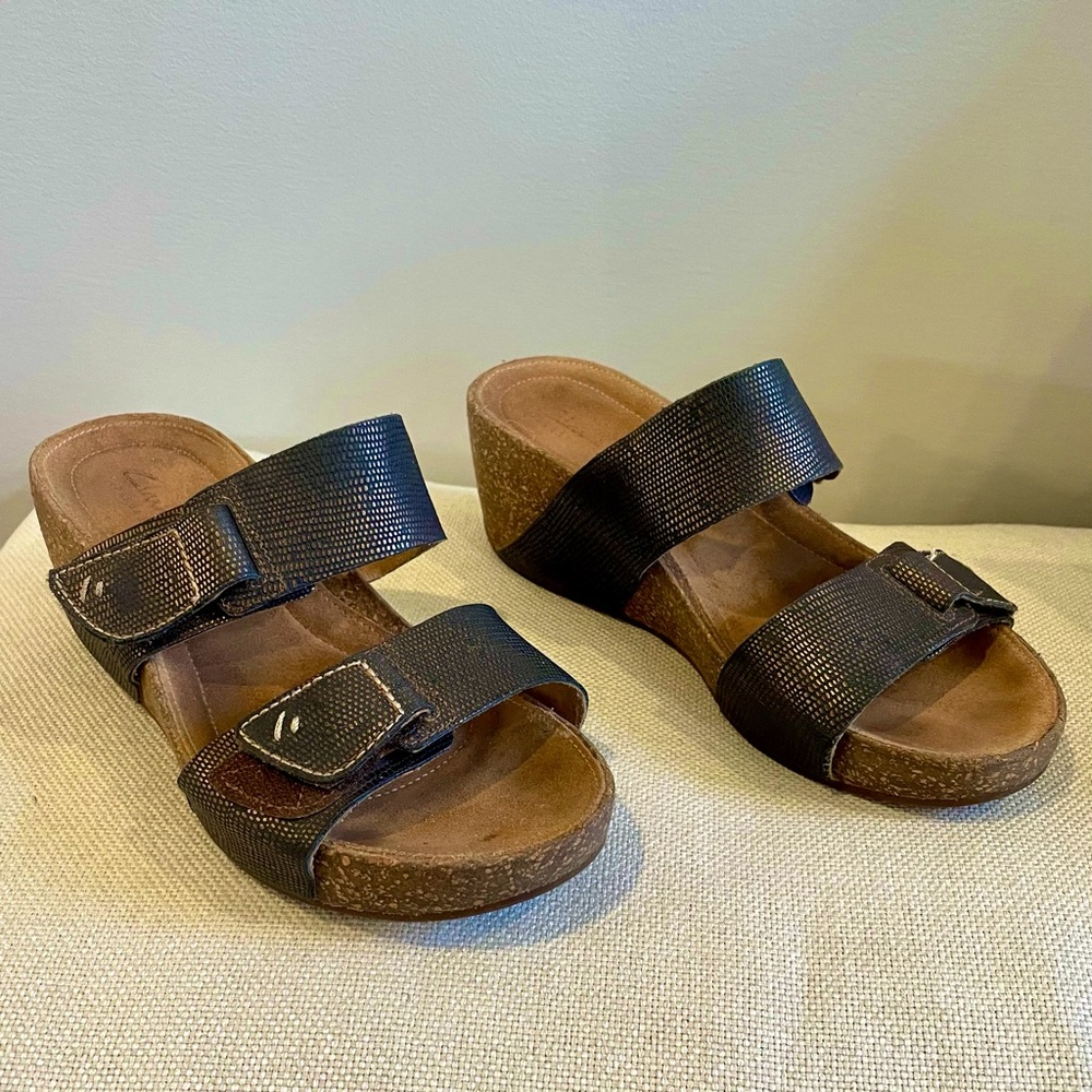 Clarks dark leather platform sandals